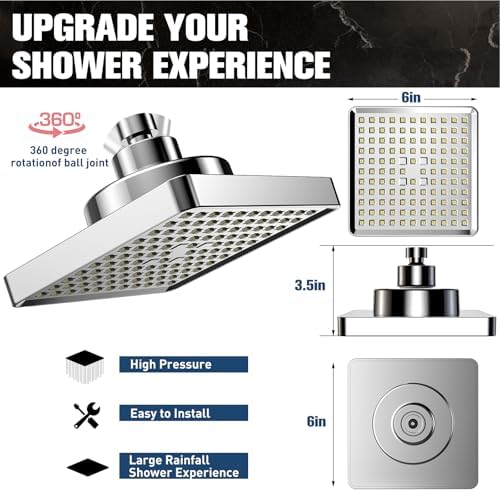 2026 Pressure Filtered Shower Head Square - 360° Rotatable High Flow Shower Head with Filters, 6’’ Square Adjustable Rain Shower Head Replacement with Luxury Look (Chrome) - Image 2
