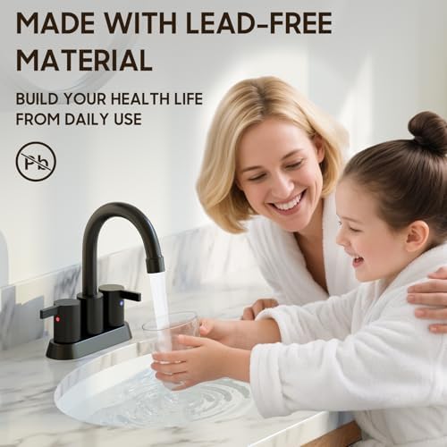 Phiestina 4 Inch 2 Handle Centerset Matte Black Lead-Free Modern Bathroom Faucet, 360 Swivel Spout 2-3 Hole RV Bathroom Vanity Sink Faucet with Pop Up Drain and Water Supply Lines,BF015-1-MB - Image 3
