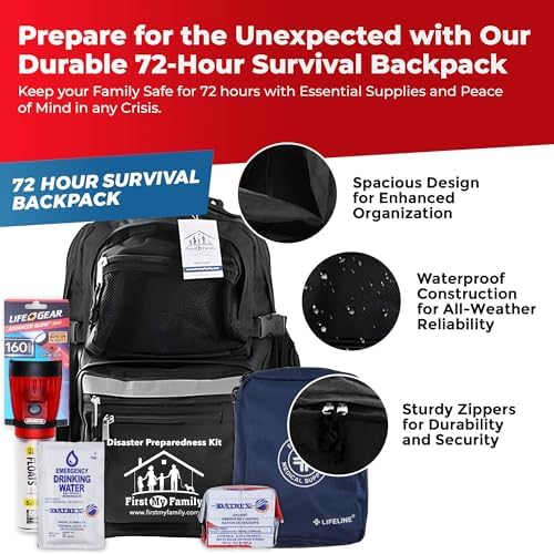 First My Family All-in-One 4 Person, 72 Hour Emergency Survival Kit for Fires, Earthquakes, Hurricanes, Floods, Tsunami and Other Disasters - Premium Black Backpack - Image 2