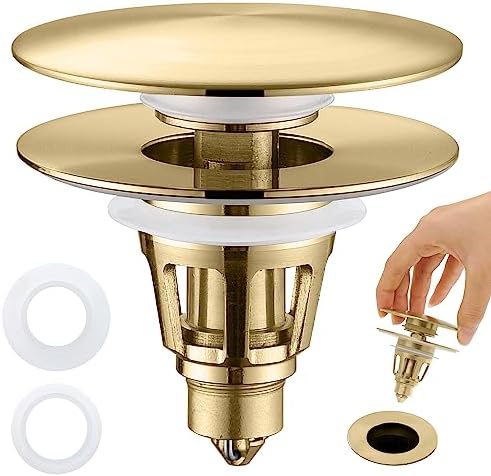 Universal Bathroom Sink Stopper - Pop Up Sink Drain Stopper, Push Button Flixfilter Sink Drain Stopper Replacement, Wash Basin Drain Filter Plug Anti-Clogging Basket, Brushed Gold by PerPaiMe