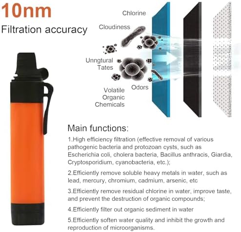 10NM Portable Water Filter System Set,Backpacking Squeeze Water Filtration Purifier Survival System for Hiking (Orange) - Image 6
