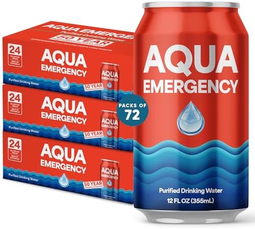 Aqua Emergency Drinking Canned Water- (72 Cans) 12 fl Oz (50 Years) Shelf Life for Everyday Hydration, Emergency, Survival Use-Purified via Reverse Osmosis | Plant-Based, BPA Free, Eco-Friendly Packaging, Made in USA -3 Case by AquaEmergency