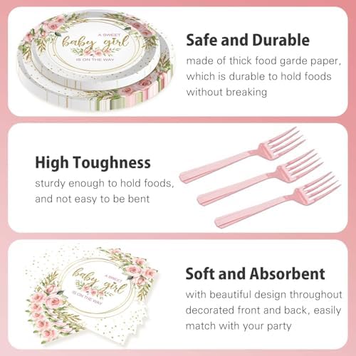 96 Pcs Sweet Baby Girl Party Tableware Set It's a Girl Baby Shower Disposable Paper Plates and Napkins Watercolor Pink Floral Girl Baby Shower Party Supplies for 24 Guests - Image 3