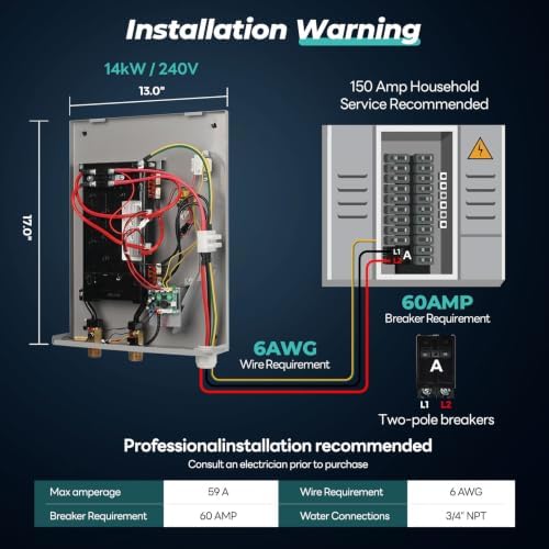 Tankless Water Heater Electric,240V,14kw,Max 3.3GPM,3s Instant Heating,ETL - Image 3