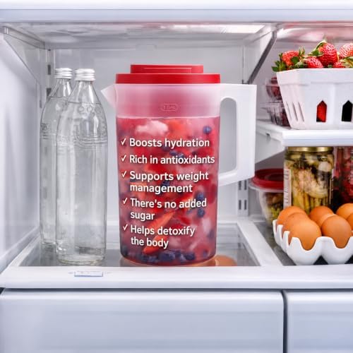 FALAH 2Quart Plastic Pitcher with Lid, Clear Body with Red Lid, Large Water & Juice Pitcher for Refrigerator, Cold Drink Mixing, Kitchen Beverage Storage - Image 3