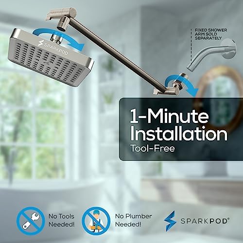 SparkPod Square Rain Shower Head with Extension Arm - Height Adjustable Shower Head with High Pressure Performance - Easy 1-Minute Installation (6" Square, Elegant Brushed Nickel) - Image 6
