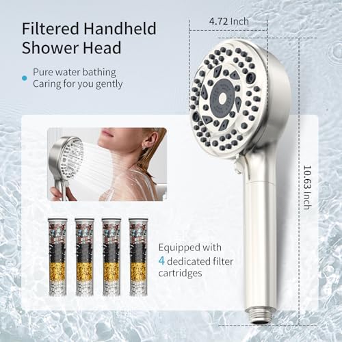 Filtered Shower Head with Handheld, 9 Spray Mode High Pressure Shower Head with 4 Filters, Hard Water Filter Showerhead - Remove Chlorine, Brushed Nickel - Image 2