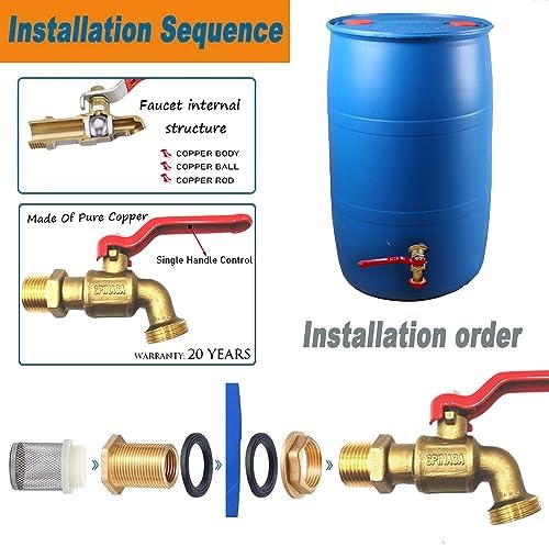 Rain Barrel Spigot, Brass Faucet Kit for Rain Water Barrel, Water Tanks, Tubs, Pools Etc, Turn Ball Valve Rain Barrel Spigot with Bulkhead Fitting Set, Hose Adapter, Filter Mesh and Tape - Image 4