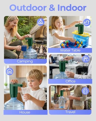 Water Jug Pump for 5 Gallon Bottle – Portable Electric USB-C Charging Dispenser, Dual Powerful Motors, Fast Flow, Fits 2-5 Gallon Jugs – Ideal for Home, Office, Camping, RV, Dark Green - Image 6