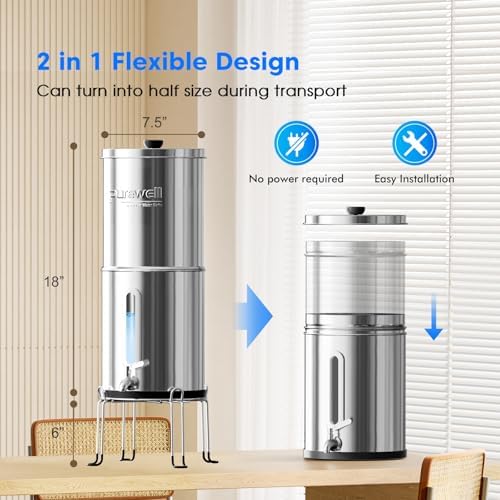 Purewell 1.5G Gravity Water Filter System, 3-Stage 0.01μm Ultra-Filtration Stainless Steel Countertop System with 2 Filters and Stand, Reduce 99% Chlorine, PW-MKS - Image 7