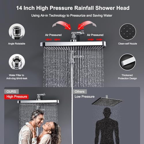 14 Inch Square Rain Shower Head Combo, 7 Settings Handheld Spray, Water Saving with Check Valve, Anti-Clog Nozzles, Tool-Free Installation for Bathroom Upgrade - Image 3