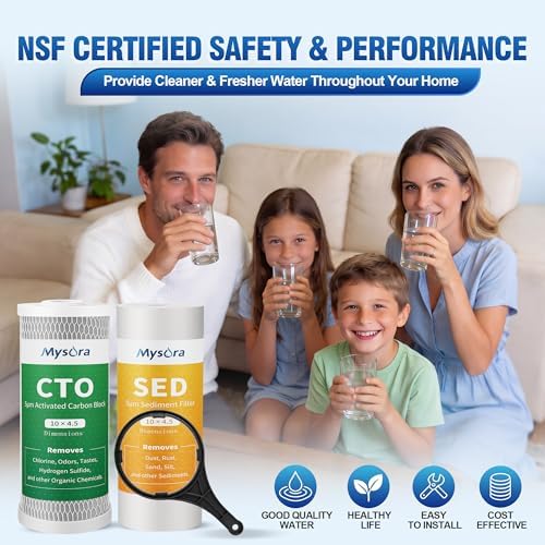 NSF Certified 2 Stage 5 μm 10" x 4.5" Whole House Water Filter Cartridges, Sediment and CTO Carbon Block Water Filter Compatible with WGB21B, FP15B, FC15B, GE FXHTC, GXWH40L, Wrench Included - Image 6