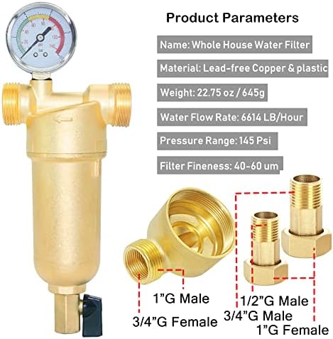 Beduan Reusable Spin Down Sediment Water Filter for Whole House Prefilter System Protector,1"Male Thread,3/4"Male & Female Thread,1/2"Male Thread (50 Micron & Copper Made & Pressure Gauge) - Image 2