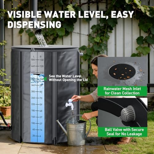 Yesker Collapsible Rain Barrel, 132 Gallon Portable Rainwater Collection System, 550D PVC Water Storage Tank, Rain Catcher with Spigots Filter Overflow Kit, Grey - Image 2