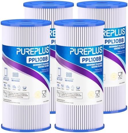 PUREPLUS 30 Micron 10" x 4.5" Whole House Pleated Sediment Filter,4 Pack by PUREPLUS
