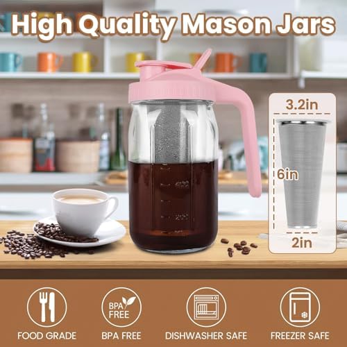 Cold Brew Coffee Maker, 32 oz Mason Jar Pitcher with Stainless Steel Filter, Pour Spout Handle Lid, Heavy Duty Glass Airtight & Leak-Proof for Iced Coffee,Tea & Lemonade - Image 2