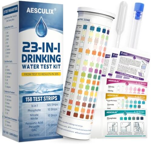 23 in 1 Water Test Kit for Drinking Water 158 Strips, Upgraded Home Water Testing Strips for Well & Tap Water, Detects Hardness, Chlorine, pH, Lead, Iron, Copper & More by AESCULIX