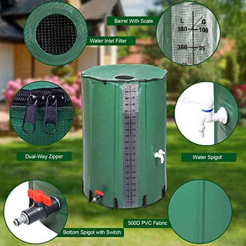 Outvita 100 Gallon Collapsible Rain Barrel with Volume Mark, Rainwater Collection System, Portable Foldable Garden Water Storage Tank, Water Container with Filter Overflow Kit Faucet Green - Image 3