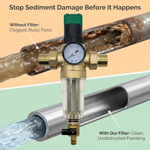 Whole House Spin Down Sediment Filter with Manual Pressure Regulator - Reusable 50 Micron SS Filter screen, BPA-Free Brass Body, Built-in- Gauge, 3/4"NPT（DN20）Ports, Easy Flush Pre-filter - Image 3