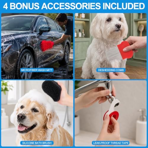 Dog Washing Hose Attachment & Pet Grooming Kit, Dog Bath Sprayer Nozzle with Soap Dispenser, Deshedding Comb, Silicone Massage Brush, Wash Mitt, Heavy Duty Garden Hose Dog Wash Set - Image 2