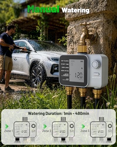 [All-New 2027] 3 Zone Sprinkler Timer with Brass Inlet, Unistyle Water Timer for Garden Hose with Rain Delay/Manual Watering/Automatic Irrigation, Hose Timers with Large LCD for Yard and Lawn Patio - Image 6