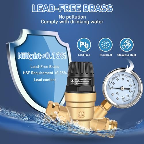 Nilight RV Water Pressure Regulator Adjustable Handle Valve with Gauge - Image 3