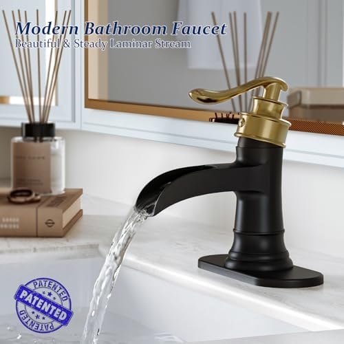 BWE Solid Bass Waterfall Bathroom Sink Faucet, Black & Gold for Farmhouse - Image 2