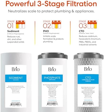 Brio Whole House Water Filter System w/Gauges | 3 Stage Fast-Flow Filtration (Sediment, Phosphate Anti-Scale, CTO Carbon Block) 4.5" x 10" Filters | Improves Taste, Protects Home Appliances | 720 GPH - Image 4