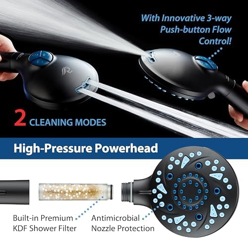 AquaCare High Pressure 10 Spray Mode Filtered Showerhead - Handheld Shower Head Filters Chlorine to Heal Dry Skin, Revive Hair - Dual Power Wash Cleans Tub, Tile, Pets - Hard Water Softener, Black - Image 5