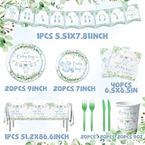 Greenery Baby Shower Tableware Set, Watercolor Blue Boy Plates, Napkins, Cups, Tablecloth for Boy Baby Shower Gender Reveal Supplies - Image 6
