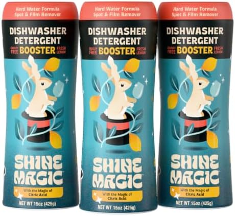 Hard Water Dishwasher Non-liquid Rinse Aid Booster, Concentrated Crystal Natural Citric Acid Spot & Film Remover for Spotless Glassware, Works with Any Detergent, 15 oz (Pack of 3) by ShineMagic