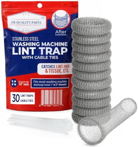 Lint Traps for Washing Machine Hose - Washer Hose Lint Trap Mesh, Stainless Steel Hair Catcher, Laundry Drain Filter, Rust-Free Pet Hair Sock, Nylon Cable Ties, 29cmx6.5cm - 30-Pack by DRQualityParts