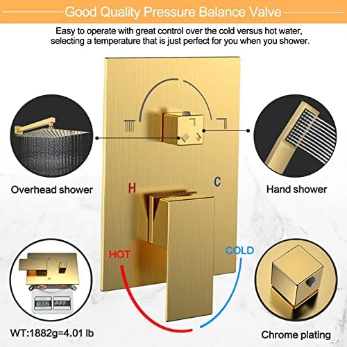 Brushed Gold Rain Shower System Faucet Set with Handheld, 10 inch - Image 6