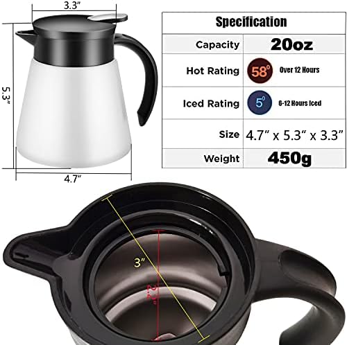 Thermal Coffee Carafe Tea Pot 20 Oz Stainless Steel Double Wall Vacuum Insulated Coffee Water & Beverage Dispenser White - Image 2