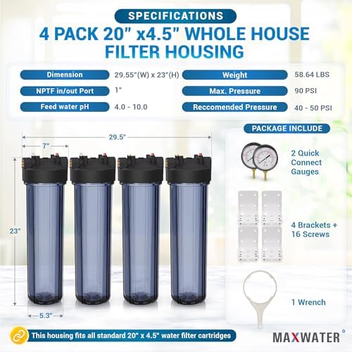 Max Water Whole House 20" x4.5" Purple Clear WH Water Filter Housing 1 inch Inlet/Outlet Ports with Pressure Gauge Wrench and Bracket (4 Housing + 2 Pressure Gauge) - Image 2