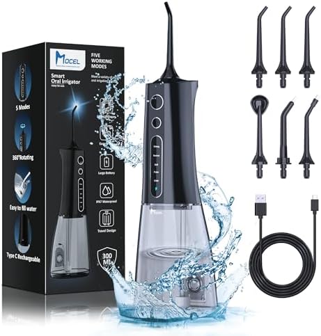 MOCEL Cordless Water Dental Flosser for Teeth, 300ML Portable Oral Irrigator with OLED Display and Child Mode, 5 Pressure Settings, 6 Tips, USB-C, IPX7 Waterproof, Braces and Family Care, Black by MOCEL