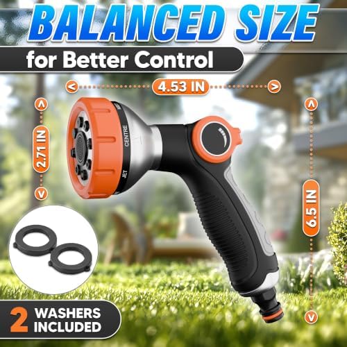 Metal Hose Sprayer Nozzle, 8 Spray Patterns, Flow Control, Black & Orange - Image 2