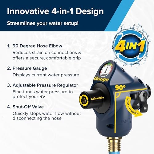 Camco Tastepure 4-in-1 Adjustable RV Water Pressure Regulator - Combines a 90° RV Hose Elbow Design, Pressure Gauge, Adjustable Regulator, & Shut-Off Valve in One RV Accessory (40065) - Image 3