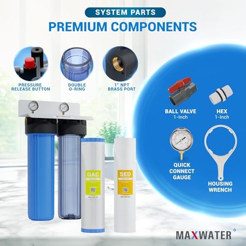 20 x 4.5 inch Two Stage Clear Whole House Water Filter Purification System, 1" in/Out Port Double O Ring Housing w/Sediment GAC Carbon Filters + Pressure Gauge - Image 5