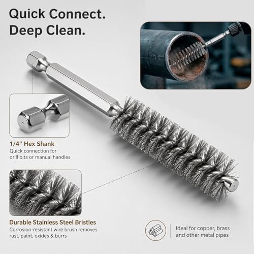 1/2" & 3/4" Copper Pipe Cleaner Set for Drill,Plumbing Tools for Removing Rust , Stains & Paint from Copper & Metal Pipes , with 1/4" Hex Shank & 6 Brush Blades & 2 Pipe Cleaning Brush - Image 2