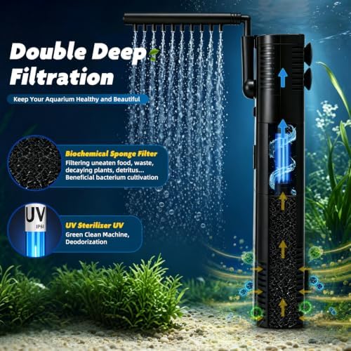 TARARIUM Small Aquarium Filter U-V for 10-30 Gallon Tank,118GPH Fish Tank Filters for Betta Fish Tank Green Clean Machine, Internal Pump Filter for Turtle Tank Saltwater Freshwater Crystal Clear - Image 3