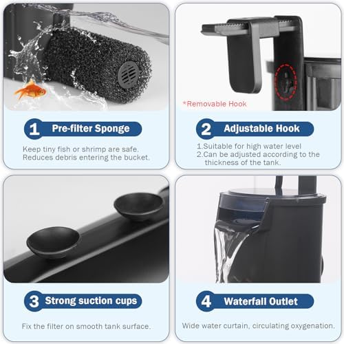 Turtle Tank Filter Aquarium Internal Filter for 3 to 20 Gallon Fish Tank, Bio-filtration Low Water Level Small Power Canister Filter, Frog Shrimp Newt Betta Water Clean, Hang On Back Waterfall Quiet - Image 5
