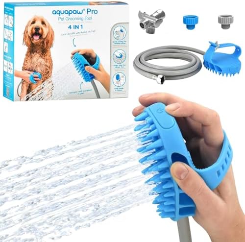 Aquapaw Dog Bath Brush Pro & Dog Shower Attachment - Large Silicone Rubber - Sprayer & Scrubber in One with 8ft Hose Attachment & Shower Wand for Bathing - Pet Bath Supplies by Aquapaw