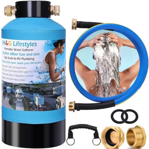 H&G lifestyles ‎Portable Water Softener for RV with Water Hose, Food-Grade Resin 3/4" Brass Fittings 2600 Gallons Softens Hard Water Filtration System for Car Washing Pressure Washing by HGLifestyles