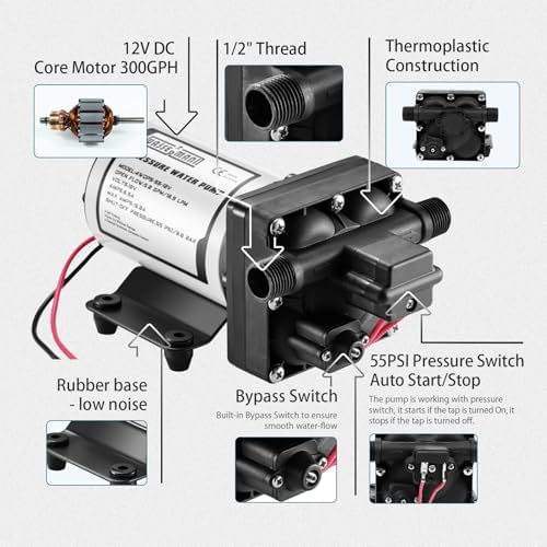 WASSERMANN RV Water Pump 12 Volt DC 5.0GPM 55PSI Replacement For 4008-101-A65 Water Pump Self Priming Diaphragm Pump with Pressure Switch for RV Kitchen Bathroom Marine Yacht Garden Camper Water Pumps - Image 5