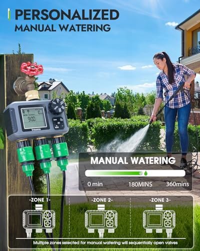 Insoma 3 Outlet Sprinkler Timer Brass Inlet & Outlet, Programmable Garden Hose Timer with Rain Delay, Manual& Automatic Watering System - Image 4