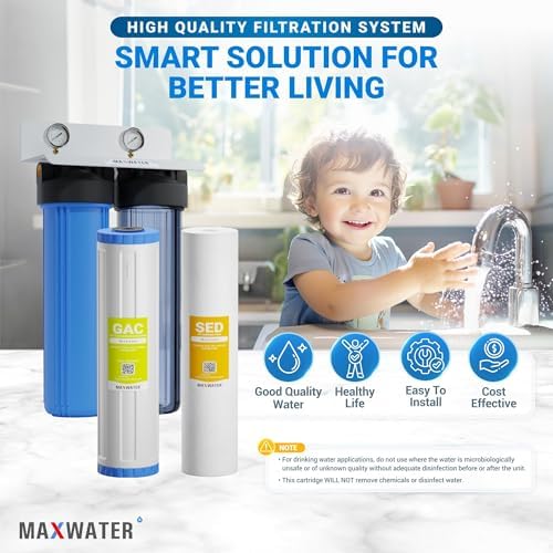 20 x 4.5 inch Two Stage Clear Whole House Water Filter Purification System, 1" in/Out Port Double O Ring Housing w/Sediment GAC Carbon Filters + Pressure Gauge - Image 6