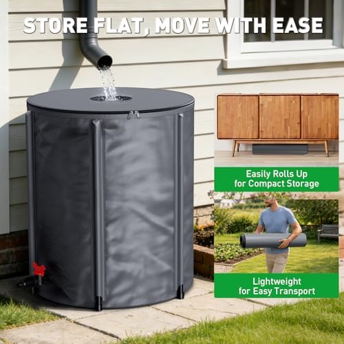 Yesker Collapsible Rain Barrel, 53 Gallon Portable Rainwater Collection System, 550D PVC Water Storage Tank, Rain Catcher with Spigots Filter Overflow Kit, Grey - Image 5