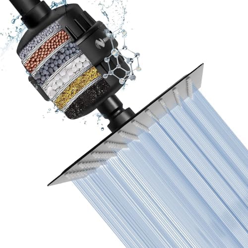 NearMoon Square Shower Head and 15 Stage Shower Filter Combo, High Pressure Filtered Head for Hard Water, Improves the Condition of Your Skin, Hair (Matte Black) by NearMoon