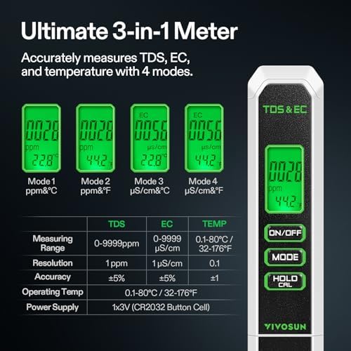 VIVOSUN TDS Meter, 3 in 1 TDS, EC & Temperature Meter, Accurate Digital Water Quality Tester for Drinking Water, Aquarium, Hydroponics, RO/DI System, Swimming Pool, White - Image 2